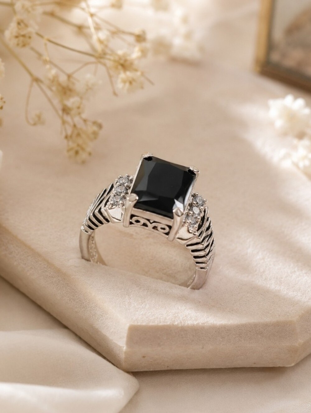 Elegant Silver-Tone Black Stone Statement Ring | Sparkling Accent Stone
